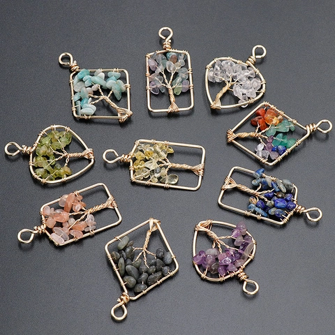 Handmade Copper Wire Wrapped Tree Of Life Pendant Natural Stone Crystal Heart Rhombus Rectangle DIY Jewelry Accessory Pendant Only