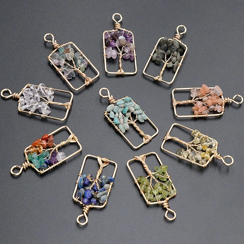 Handmade Copper Wire Wrapped Tree Of Life Pendant Natural Stone Crystal Heart Rhombus Rectangle DIY Jewelry Accessory Pendant Only