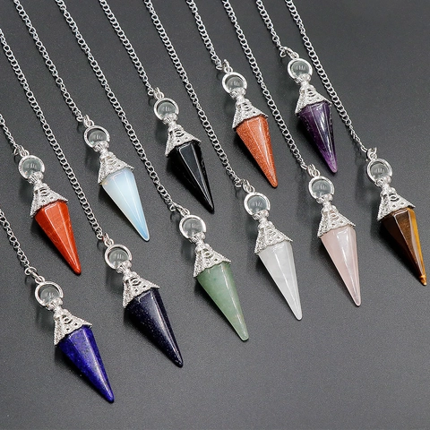 Hexagonal Prism Pendulum Pendant Necklace Natural Crystal Healing Stone Retro Vintage Dowsing Divination Alloy Jewelry