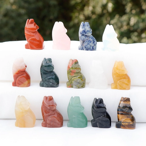 Natural Crystal Wolf Figurine Hand Carved Animal Healing Stone Miniature Gemstone Statue Home Office Decor Gift