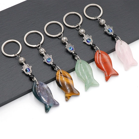 Natural Crystal Stone Fish Keychain With Hamsa Hand Evil Eye Hanging Ornament Turkish Amulet For Bag Decoration Unisex Gift