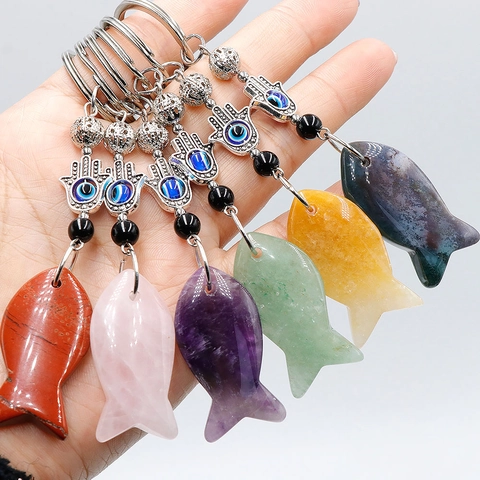 Natural Crystal Stone Fish Keychain With Hamsa Hand Evil Eye Hanging Ornament Turkish Amulet For Bag Decoration Unisex Gift