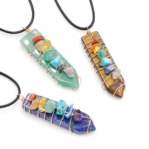 Collana Con Pendente A Punta Esagonale In Pietra Naturale Cristallo Avvolto Filo Sette Chakra Pietre Curative Reiki