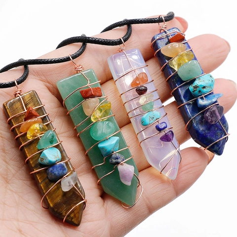 Collana Con Pendente A Punta Esagonale In Pietra Naturale Cristallo Avvolto Filo Sette Chakra Pietre Curative Reiki