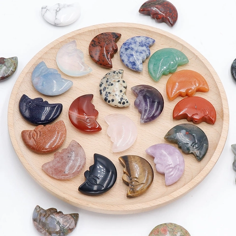 Hand Carved Natural Crystal Moon Face Stone Ornament Double Sided Moon Face Healing Stone For Home Decor Accents Gift