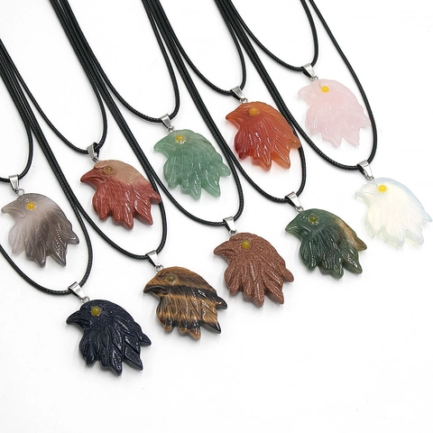 Adlerkopf Anhänger Naturstein Halskette Für Damen Herren Rosenquarz Tigerauge Handgeschnitzt Kristall Tier Schmuck Geschenk