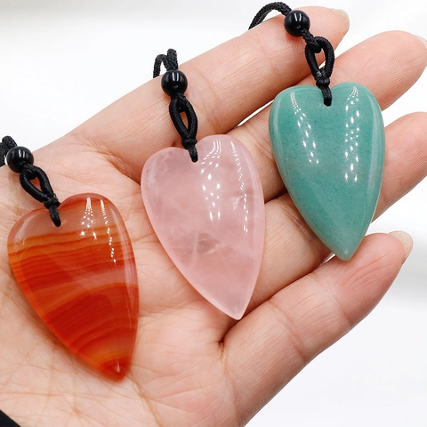 Natural Crystal Agate Stone Heart Pendant Necklace Hand Polished Amethyst Rose Quartz Tiger Eye With Black Rope Cord For Unisex Jewelry Gift