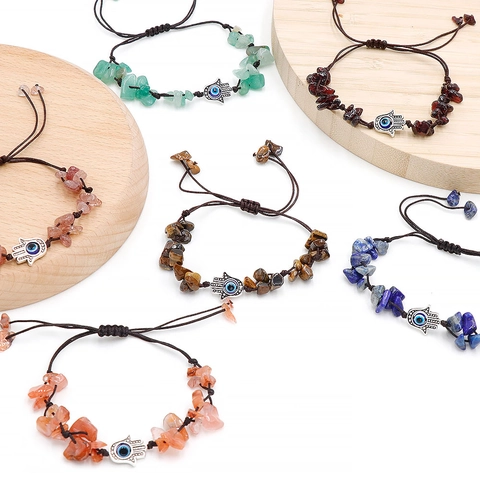 Naturstein Kies Geflochtenes Armband Mit Hamsa Hand Evil Eye Anhänger Verstellbarer Ethno Schmuck Für Damen Herren