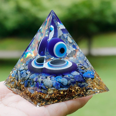 Evil Eye Orgonit Energie Pyramide Lapislazuli Harz Kristall Schreibtisch Deko Kupferspule Goldfolie Nazar Schutz