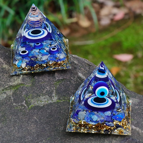 Evil Eye Orgonit Energie Pyramide Lapislazuli Harz Kristall Schreibtisch Deko Kupferspule Goldfolie Nazar Schutz