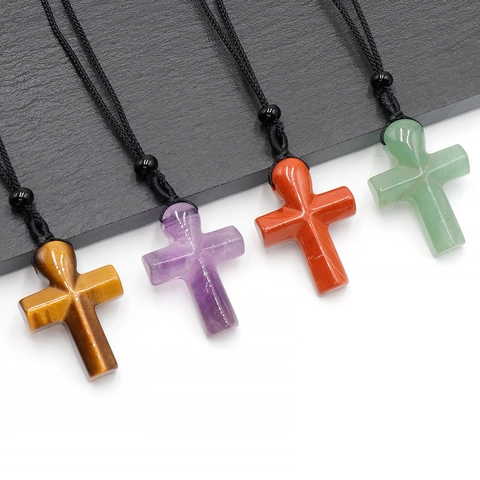 Natural Crystal Semi Precious Stone Cross Pendant Necklace For Unisex Adjustable Hand Woven Cord Amethyst Tiger Eye Religious Jewelry
