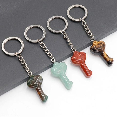 Natural Stone Heart Shaped Carved Keychain Pendant Crystal Agate Keyring For Women Bag Charm Jewelry Accessory Gift