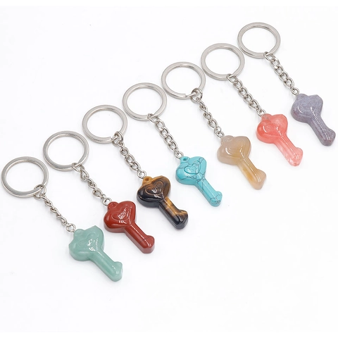 Natural Stone Heart Shaped Carved Keychain Pendant Crystal Agate Keyring For Women Bag Charm Jewelry Accessory Gift