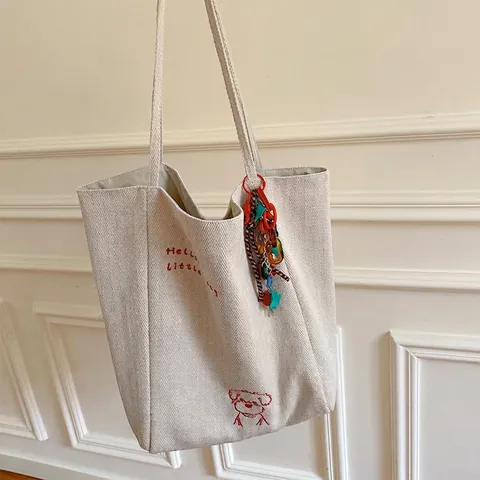 Canvas Tote Bag Bestickt Wendbar Große Kapazität Schulter Handtasche Hundemuster Lässig Creme Für Damen
