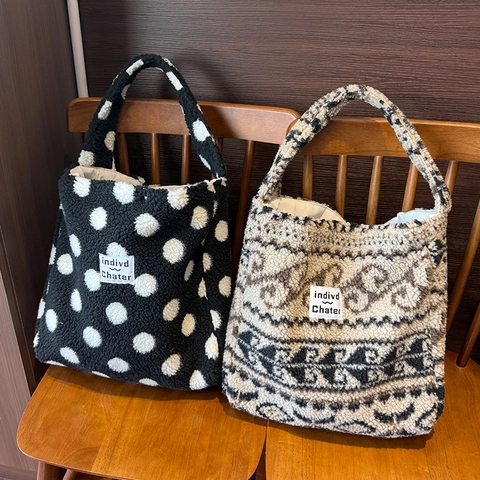 Damen Plüsch Tote Bag Große Kapazität Faux Lammwolle Schultertasche Vintage Geometrisch Polka Dot Winter Pendeln