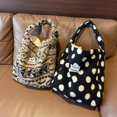 Damen Plüsch Tote Bag Große Kapazität Faux Lammwolle Schultertasche Vintage Geometrisch Polka Dot Winter Pendeln