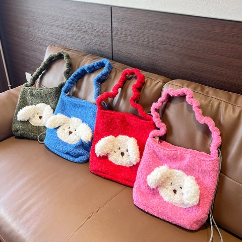 Süße Sherpa Plüsch Tragetasche Für Damen Mit Cartoon Hund Patch Winter Mode Kawaii Handtasche Schultertasche