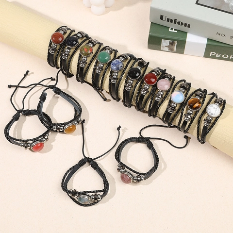 Bracelet en Cuir Tressé Bohème Avec Perles en Pierres Naturelles Améthyste Oeil de Tigre Agate Bijoux Enveloppants Multi-Couches Réglables Vintage