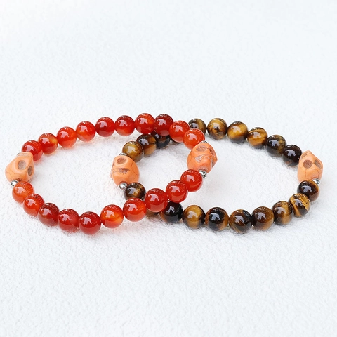 Natural Stone Skull Beaded Bracelet Amethyst Tiger Eye Round Beads Gothic Punk Jewelry For Women Men Halloween Gift
