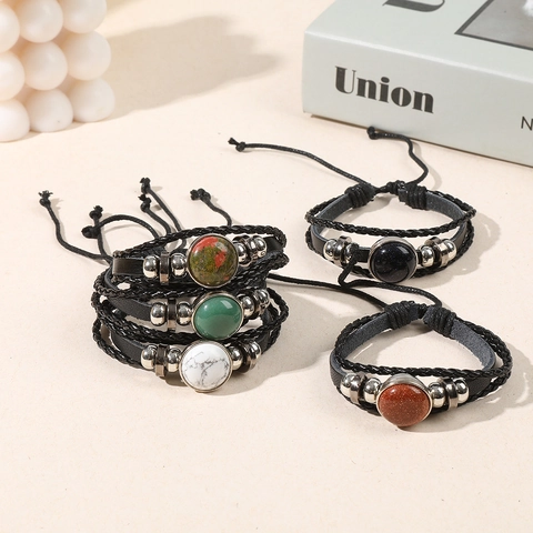 Bracelet en Cuir Tressé Bohème Avec Perles en Pierres Naturelles Améthyste Oeil de Tigre Agate Bijoux Enveloppants Multi-Couches Réglables Vintage