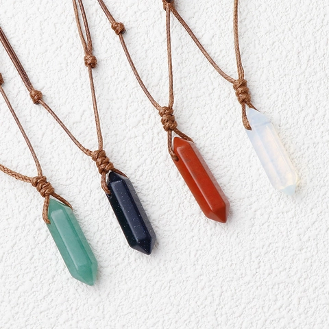 Natural Crystal Gemstone Hexagonal Prism Pendant Necklace Adjustable Woven Rope Healing Point Jewelry For Women Men Gift