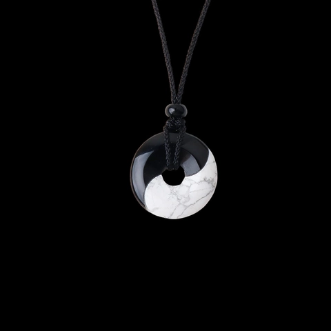 Collier Pendentif Yin Yang Tai Chi En Obsidienne Naturelle Et Turquoise Blanche Pierre Ping An Kou Bijoux Style Zen Rétro