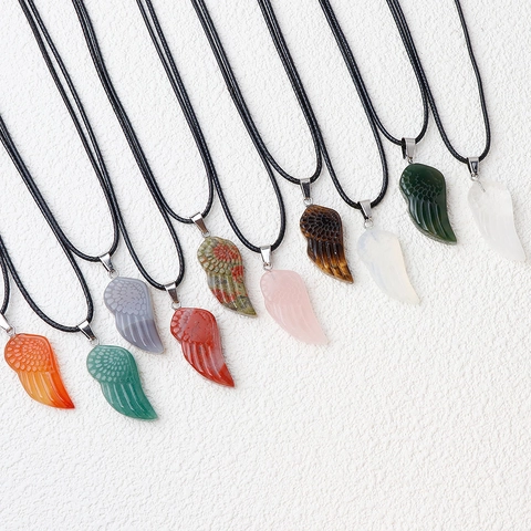 Collana Con Pendente Ala Di Angelo Pietra Di Cristallo Naturale Guarigione Reiki Gioielli Ala Intagliata Cordino Di Cera Regalo