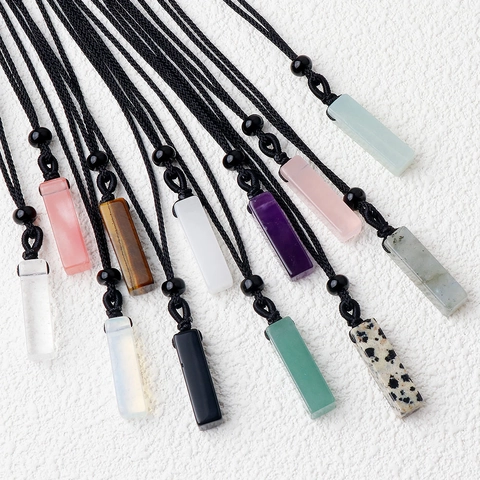 Natural Stone Rectangular Bar Pendant Necklace With Braided Rope Healing Amethyst Rose Quartz Minimalist Jewelry Women Men