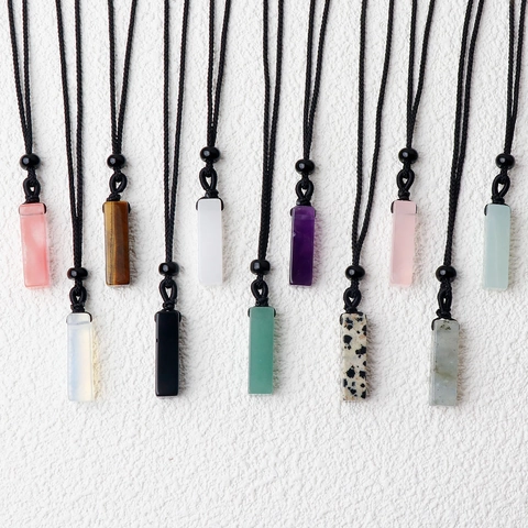 Natural Stone Rectangular Bar Pendant Necklace With Braided Rope Healing Amethyst Rose Quartz Minimalist Jewelry Women Men