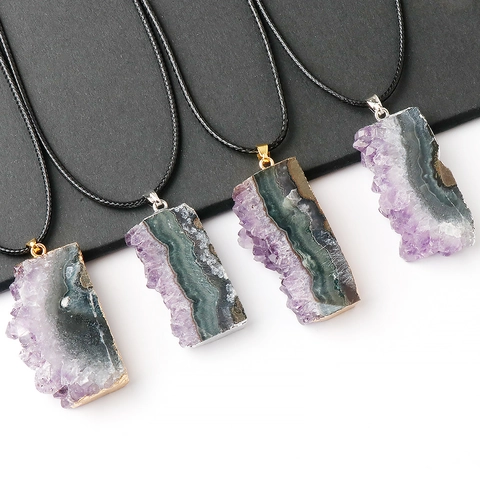 Collier Pendentif Améthyste Naturelle Druzy Tranche De Cristal Irrégulière Bord En Métal Électrogalvanisé Bijoux Femme