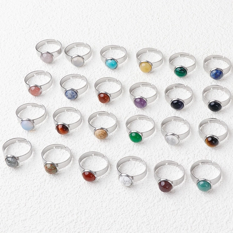 Natural Crystal Agate Inlaid Stainless Steel Adjustable Open Ring For Women Vintage Round Gemstone Finger Jewelry Gift
