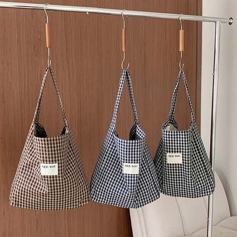 Women Gingham Tote Bag Large Capacity Poly Cotton Canvas Shoulder Bag Simple Fashion For Commute Travel Aesthetic Korean Style