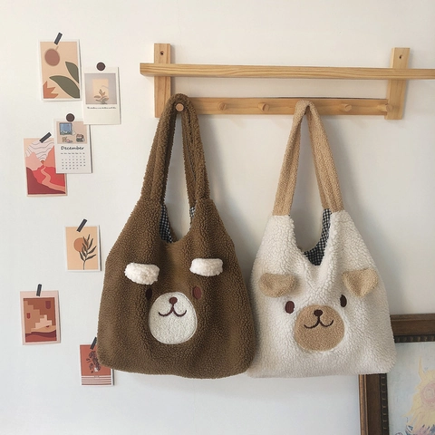 Women's Cute Bear Dog Ears Faux Lamb Wool Tote Bag Large Capacity Fuzzy Plush Shoulder Bag Soft Winter Casual Handbag