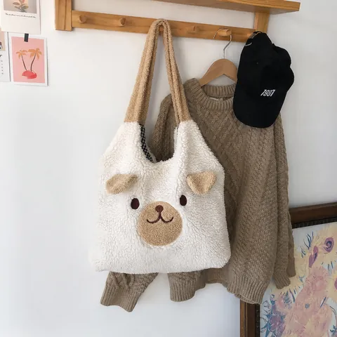 Women's Cute Bear Dog Ears Faux Lamb Wool Tote Bag Large Capacity Fuzzy Plush Shoulder Bag Soft Winter Casual Handbag