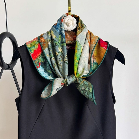 Satin Wool Blend Square Scarf Van Gogh Oil Painting Art Print Elegant Double Sided Neckerchief For Women Vintage Accessory