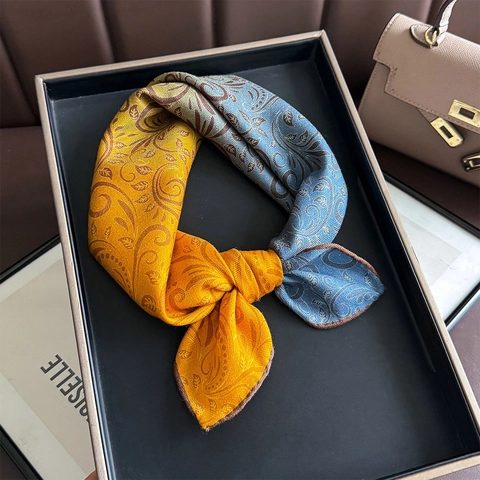 Retro Paisley Print Square Scarf Satin Wool Blend Gradient Double Sided Elegant Neck Wrap For Women