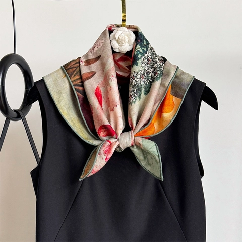Pañuelo Cuadrado De Mezcla De Satén Y Lana Estampado Floral Artístico Patchwork Color Contrastado Elegante Mujeres