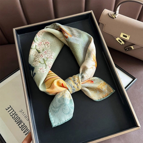 Pañuelo Cuadrado De Mezcla De Satén Y Lana Estampado Floral Artístico Patchwork Color Contrastado Elegante Mujeres