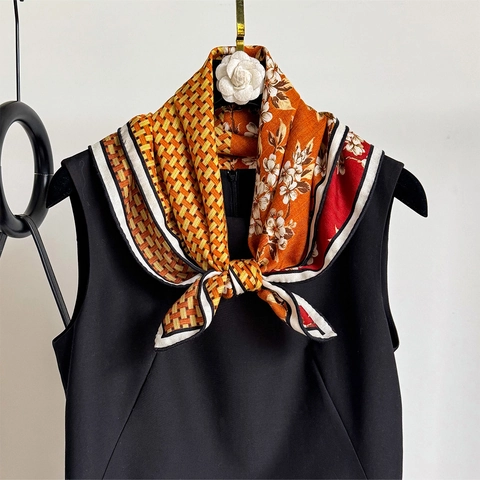 Damen Elegant Maulbeerseide Mischung Quadratischer Schal Vintage Floral Geometrischer Druck Leichter Halstuch Modischer Schal