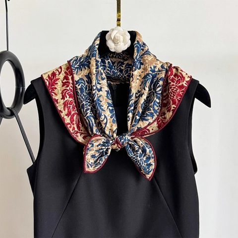 Retro Square Scarf Floral Damask Print Mulberry Satin Wool Blend Lightweight Double Sided Head Neck Scarf For Women