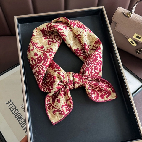 Retro Square Scarf Floral Damask Print Mulberry Satin Wool Blend Lightweight Double Sided Head Neck Scarf For Women
