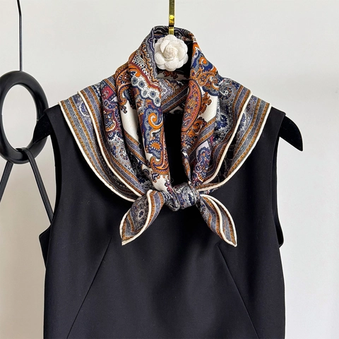 Elegant Square Scarf Satin Wool Blend Paisley Print Vintage Totem Versatile Headband Fashion Accessories For Women