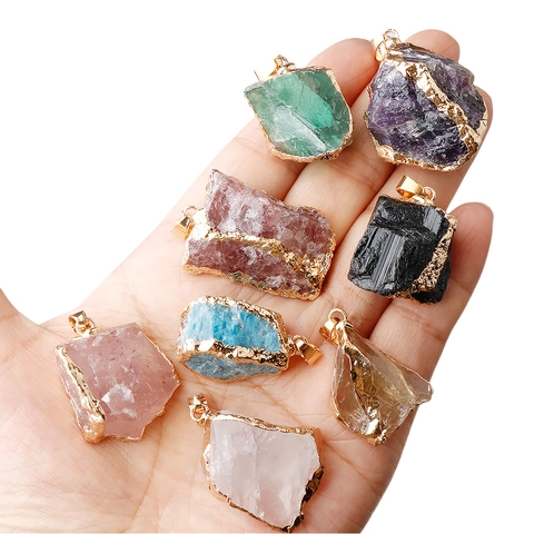 Unregelmäßige Naturstein Anhänger Halskette Vergoldeter Rand Heilkristall Mineral Retro Handgemachter Schmuck