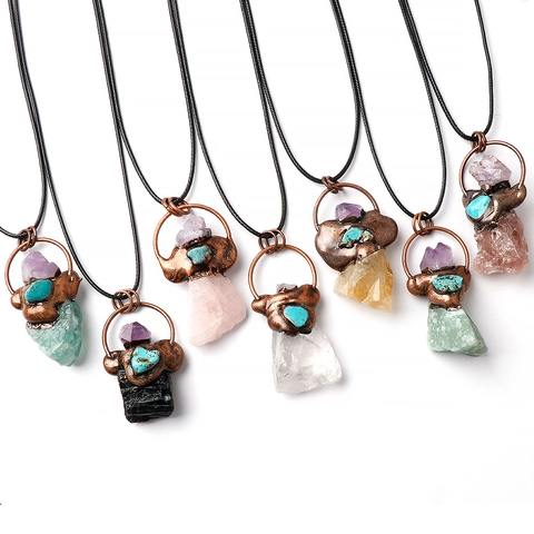Collar con Colgante de Cristal de Amatista y Cuarzo Rosa de Piedra Natural Vintage Con Acento Turquesa Marco de Aleación de Cobre Joyas Bohemias Mujer