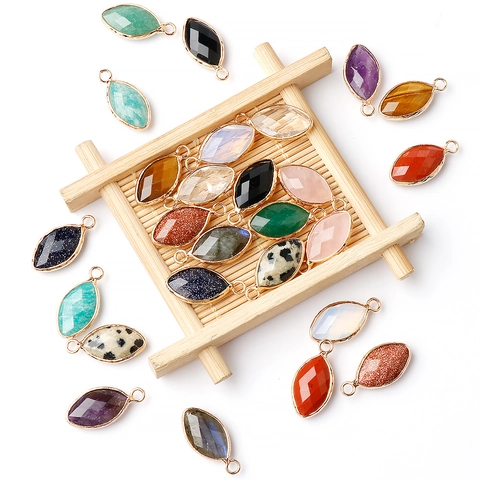 Marquise Cut Gemstone Pendant Copper Edged Natural Crystal Charm For DIY Necklace Bracelet Making Accessory Vintage Style