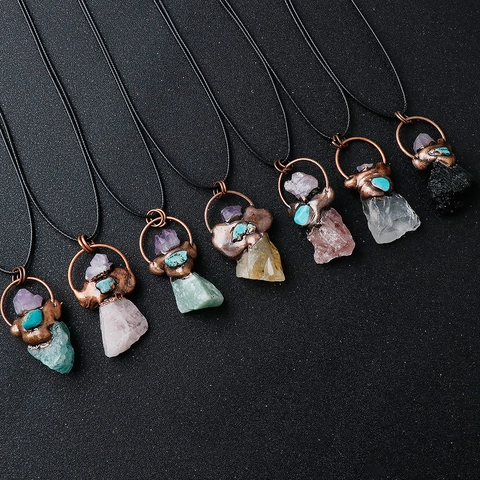 Collar con Colgante de Cristal de Amatista y Cuarzo Rosa de Piedra Natural Vintage Con Acento Turquesa Marco de Aleación de Cobre Joyas Bohemias Mujer
