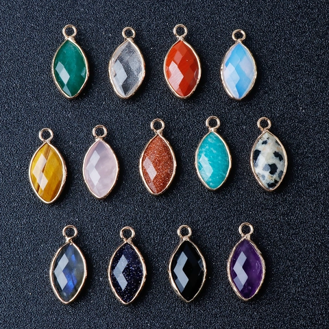 Marquise Cut Gemstone Pendant Copper Edged Natural Crystal Charm For DIY Necklace Bracelet Making Accessory Vintage Style