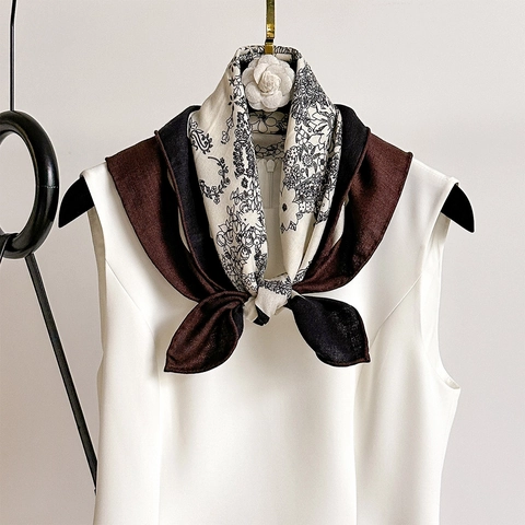 Pañuelo Cuadrado Estampado Floral Vintage Mezcla Lana Satén Borde De Bloques De Color Elegante Para Mujeres