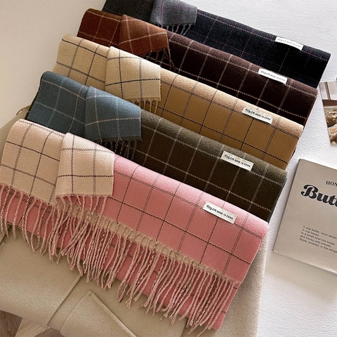 Women Plaid Scarf Warm Cashmere-Like Polyester Large Checkered Tassel Shawl Winter Autumn Fashion Wrap