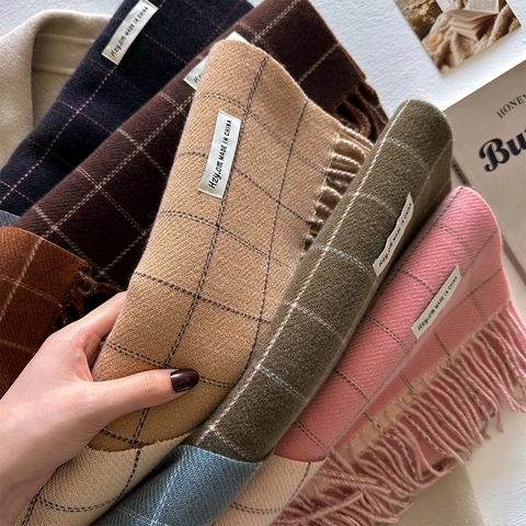 Women Plaid Scarf Warm Cashmere-Like Polyester Large Checkered Tassel Shawl Winter Autumn Fashion Wrap